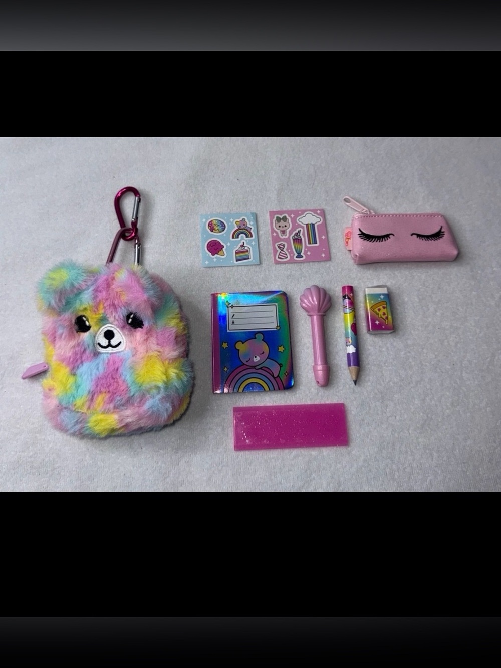 Kids Rainbow Plush Keychain Accessory Set - Pink Pencil Case & Stationery